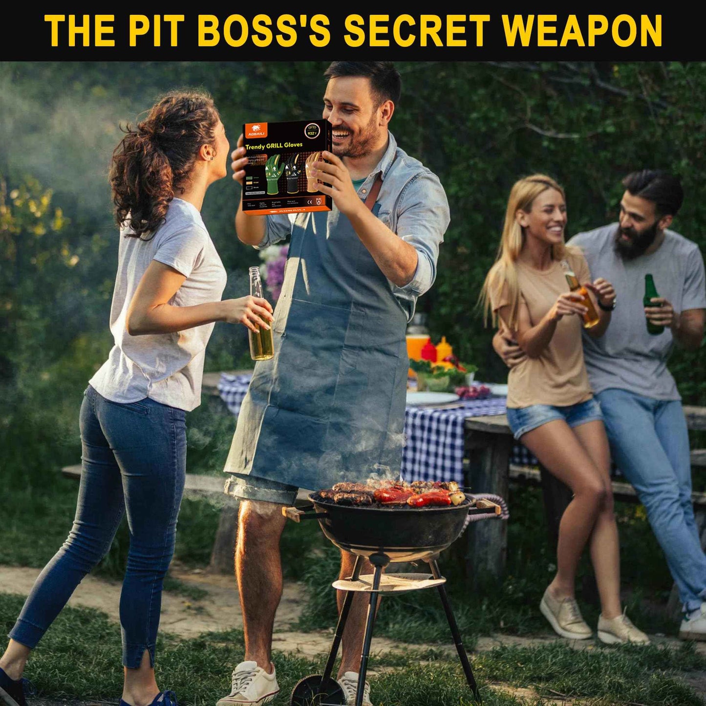 AOBAILI BBQ Gloves, Grilling Gloves Heat Resistant Oven Gloves, Kitchen Silicone Oven Mitts, Long Waterproof Non-Slip Pot Holder for Barbecue, Cooking, Baking, Black (Black)