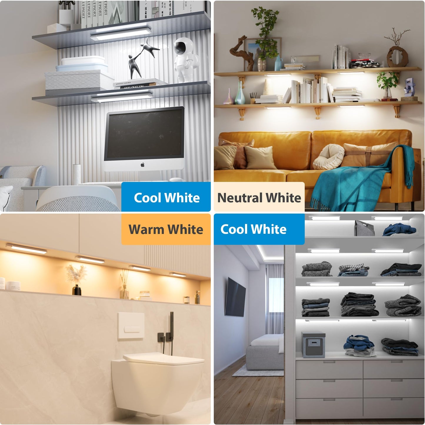 YLXS 5-Pack Motion Sensor Under Cabinet Light, 3 Color Temperature Dimmable Rechargeable Magnetic Closet Light 7.9 inch Wireless Under Counter Light