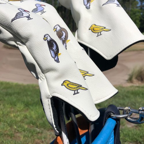 E9 Golf Fore The Birds Golf Head Cover - Synthetic Leather Golf Head Covers with Soft Fur Lining - Golf Club Covers with Unique V Shape Design Opening - Fairway, White