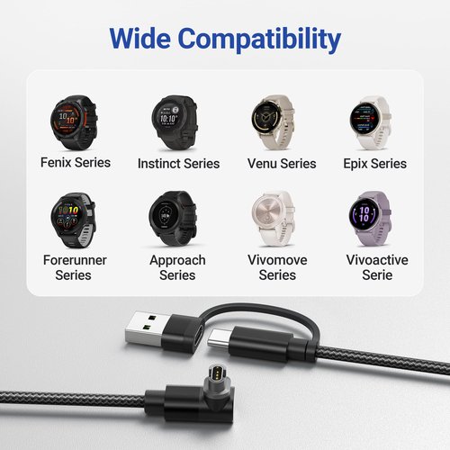 Itramax 2-in-1 USB-A Charger Cable for Garmin 4FT 2Pack,Data Charging Cord for Fenix 8 7 6 Pro 5 Plus,Approach S70 S62 S60 S42 S40 G12,Vivomove 3 3S,Quatix 8 7,Tactix 7 Pro,Vivosmart 5,Swim 2 - Black