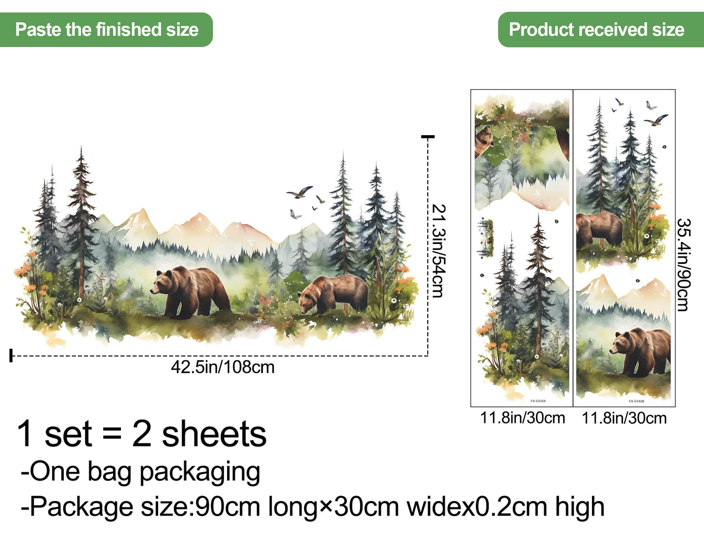 RAINBOW WSK Large Jungle Animals Wall Decals Forest Tree Wall Decal Peel and Stick Woodland Bear Fox Deer Wall Stickers Giant Mountain Art for Bedroom Nursery Room FX-C432