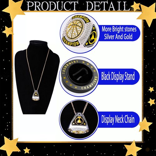 Championship Rings | 12 Pcs Basketball Trophy Set with Display Chains & Stands for League Winners