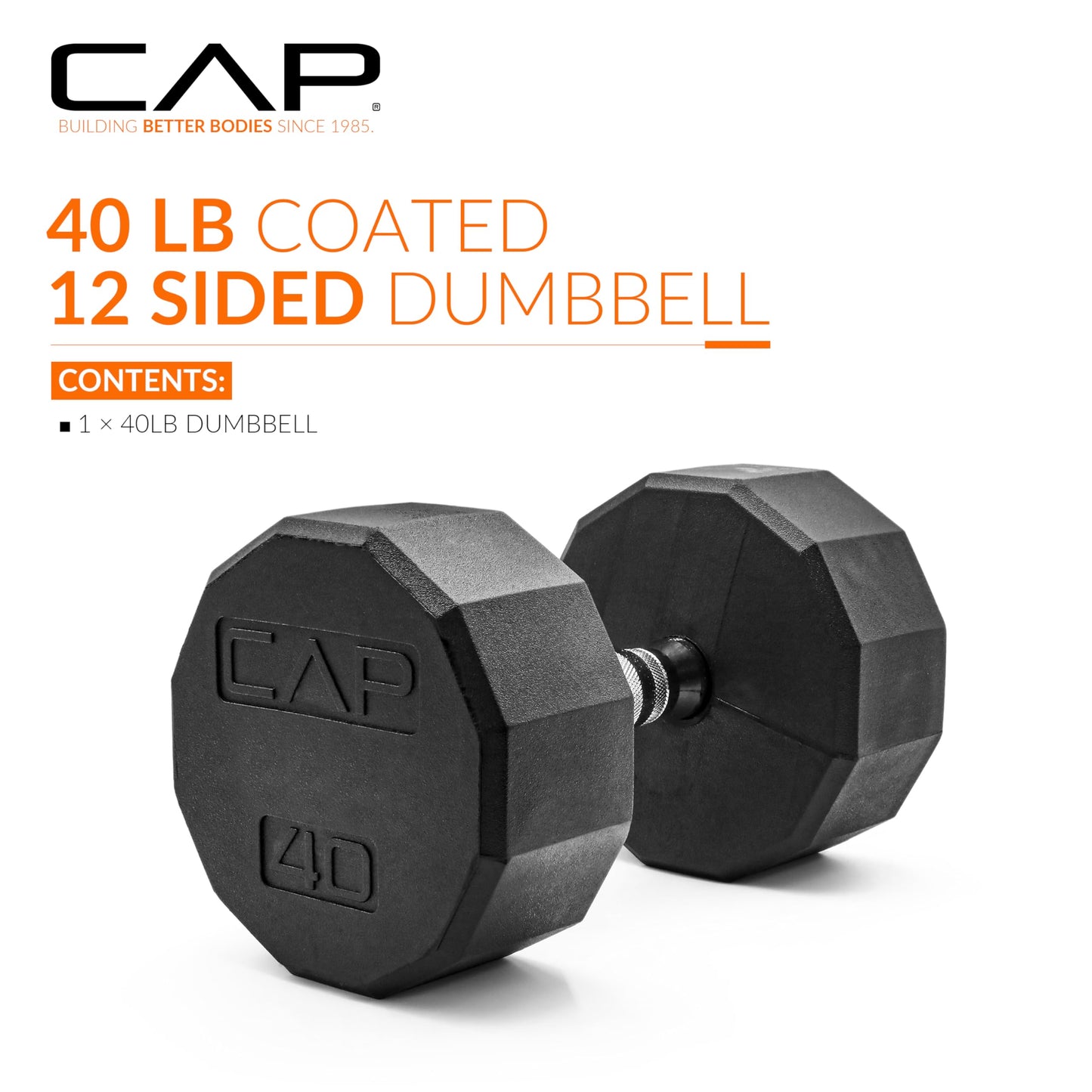CAP 40 LB 12-Sided Rubber Coated Dumbbell Weight, Rubber Free Weights for Home Gym Strength Training, Chrome Handle, Single
