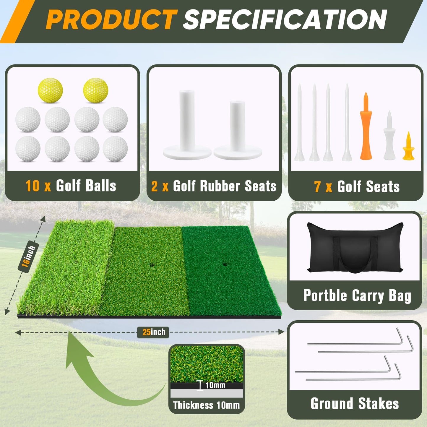 10x7Ft Golf Practice Net, Golf Net for Backyard Driving Real GolfBalls, All in 1 Golf Hitting Nets with Tri-Turf Mat, Impact Target, 10 Balls, 7 Tees, 2 Rubber Tees, Carry Bag