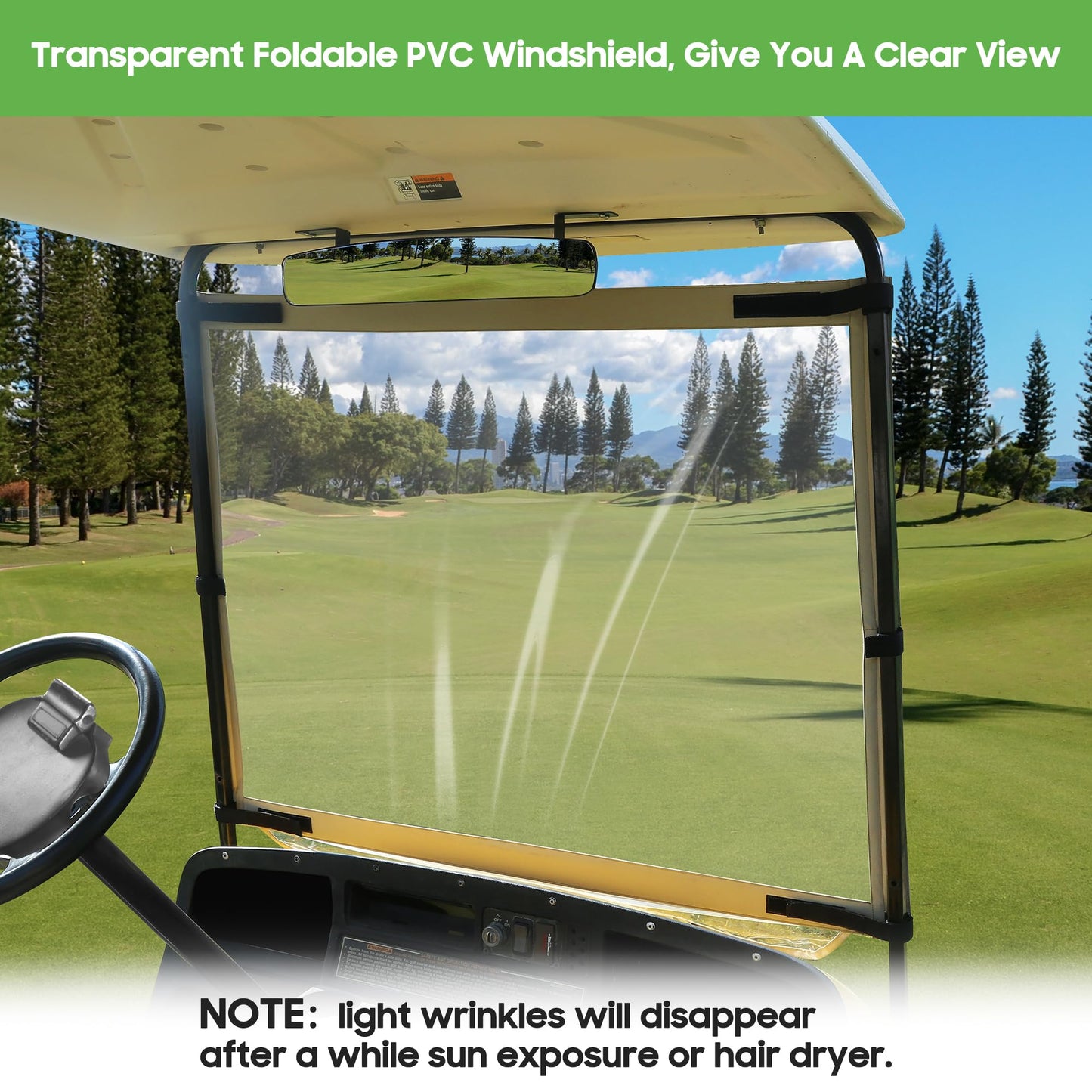 10L0L Foldable Golf Cart Windshield Film for EZGO RXV, Clear Portable Removable Plastic Windshield (Beige)