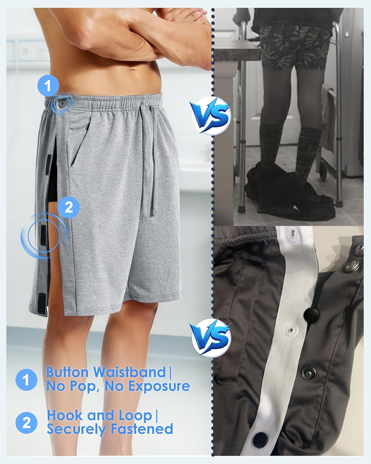 Skiennix Men's Tear Away Shorts - 8" Cotton Snap Pants with Deep Pockets for Hip/Knee Surgery Recovery