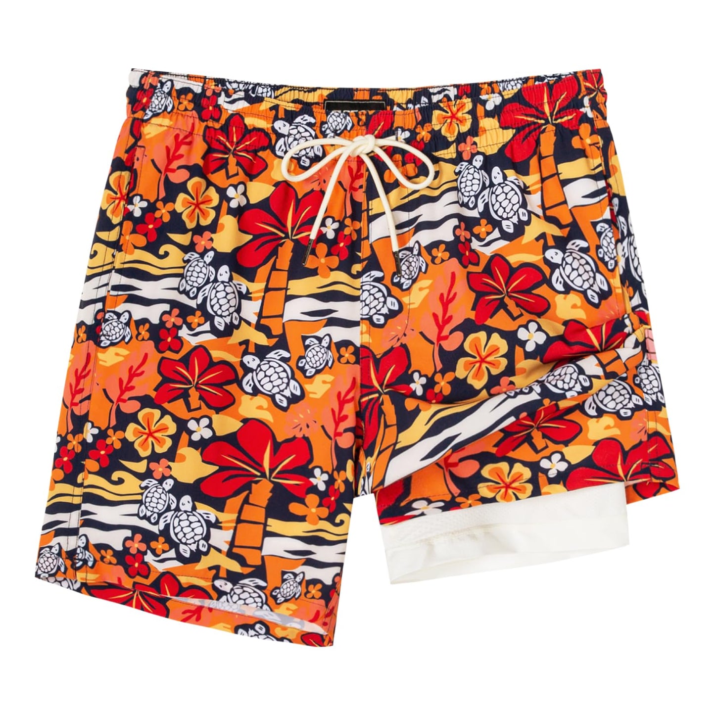 SURF CUZ Mens Swim Trunks with Compression Liner Quick Dry Swim Shorts 7" Swimming Trunks Stretch Bathing Suit 7 Inch,Hawaiian Turtle,M