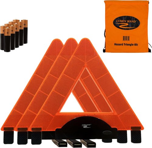 Lumen Wand LED Reflective Warning Triangle Kit - 3-Pack for Road Safety | Metal Base, Internal LEDs & Reflectors, Storage Bag Included