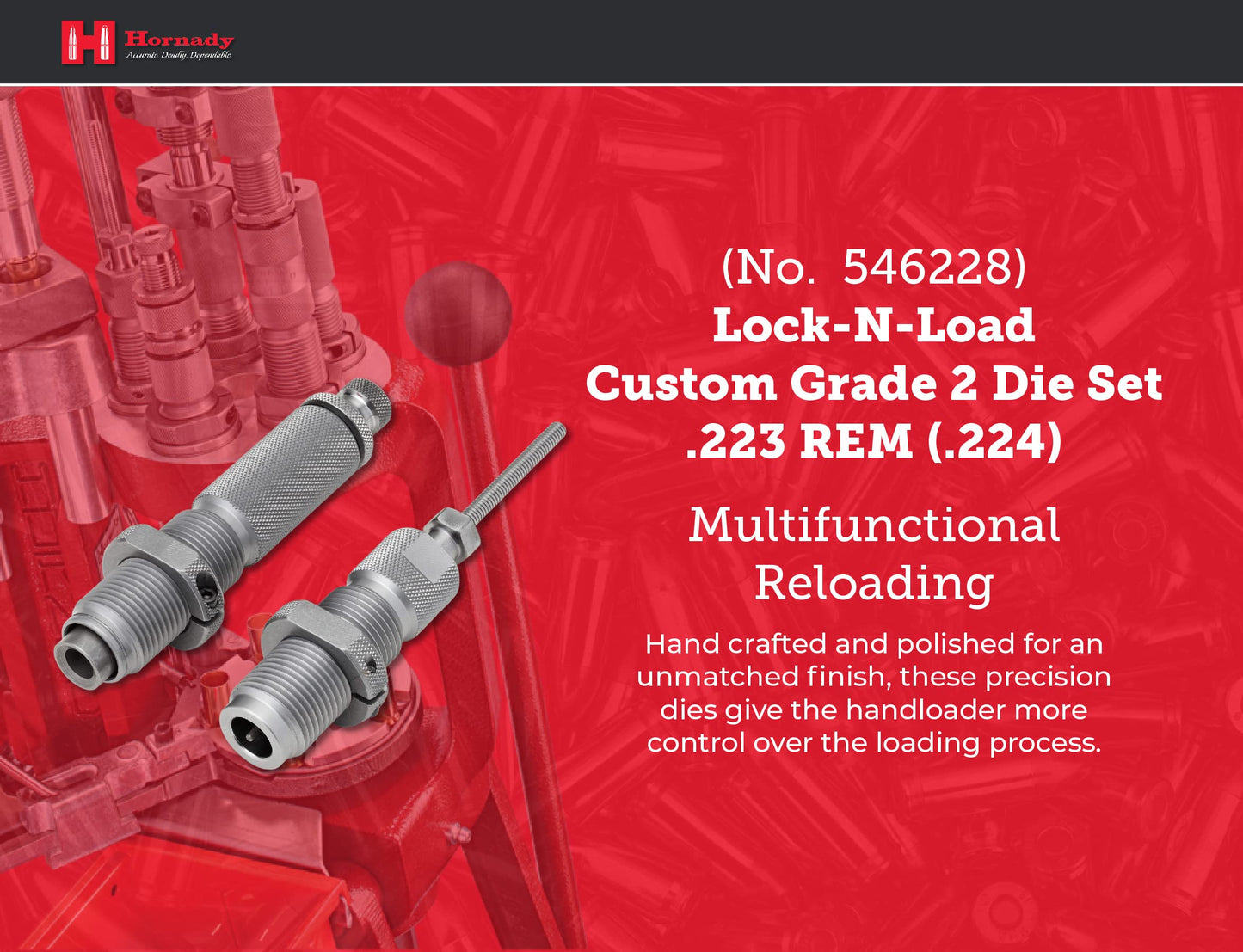 Hornady Custom Grade New Dimension 2-Die Set, 223 REM (.224) (546228) - Caliber Specific Reloading Equipment for Handloaders with Full Length Sizer Die, Seating Die, Sure-Loc Rings, & Storage Box