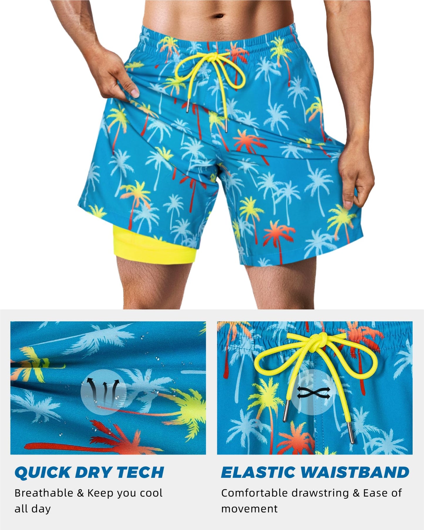 SURF CUZ Mens Swim Trunks with Compression Liner Quick Dry Swim Shorts 7" Swimming Trunks Stretch Zipper Pockets,Blue Green Coconut Tree,M
