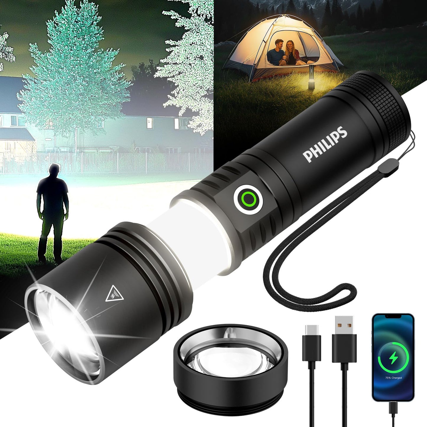Philips Rechargeable Flashlights High Lumens with Ignition Lens,3000lm Tactical Flashlights with Camping Lamp,2 Colors Zoomable 5Modes Reverse Charging LED Bright Flashlight for Home Outdoor Gift