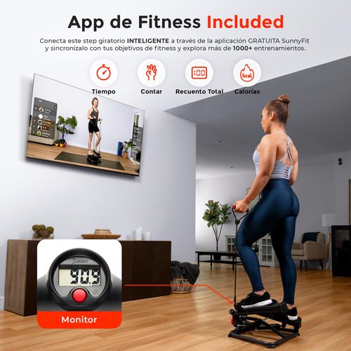 Sunny Health & Fitness Advanced Twist Stepper Machine Workout Cardio Mini Stair Master Climber Thigh Space Twist Stepper Resistance Band w Optional Free SunnyFit App Enhanced Bluetooth Connectivity