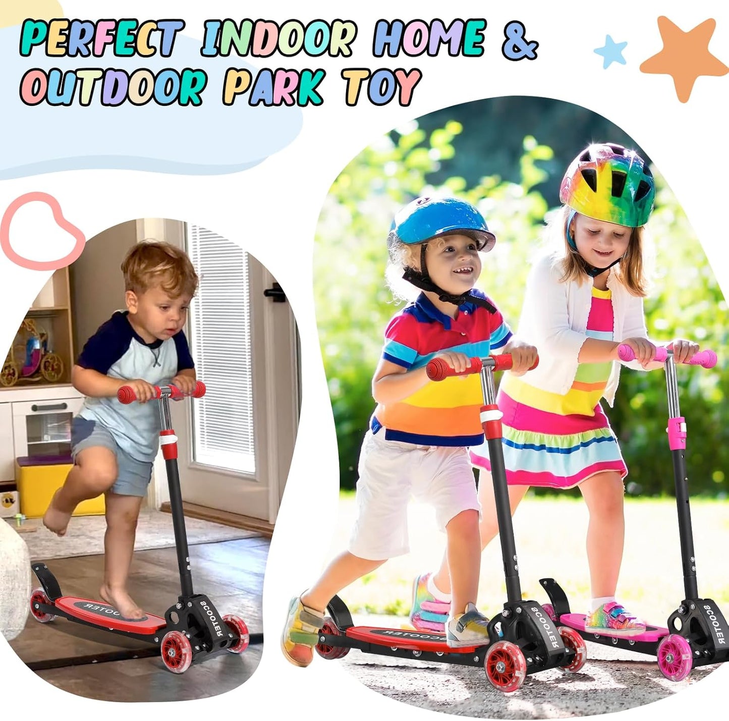 Skiennix Kick Scooter for Kids | Light-Up 3-Wheel Design with Adjustable Height & Stable Ride for Ages 3-7