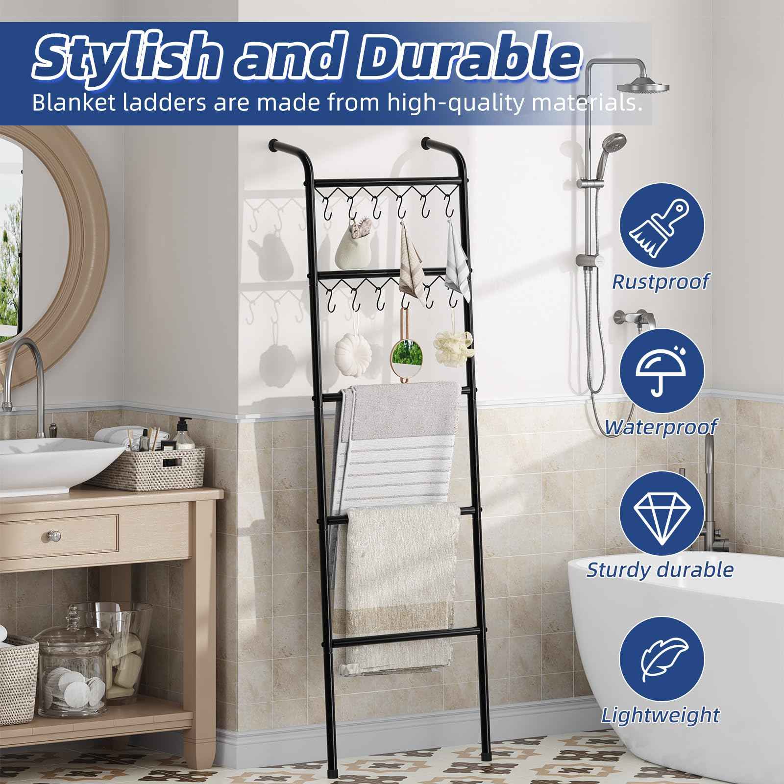 Simple Trending Blanket Ladder，5 Tier Metal Towel Rack with 12 Hooks, 79'' Metal Style Decorative Ladder for The Living Room Bedroom Bathroom Home Decor, Black