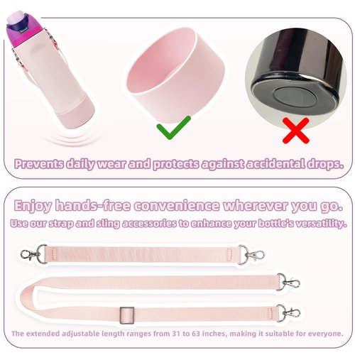 Silicone Boot Set for Owala Water Bottle 24 oz - Includes Non-Slip Sleeve, Shoulder Strap & Handle Strap, Perfect Accessory, Fits Owala Tumbler & Free Sip, Pink