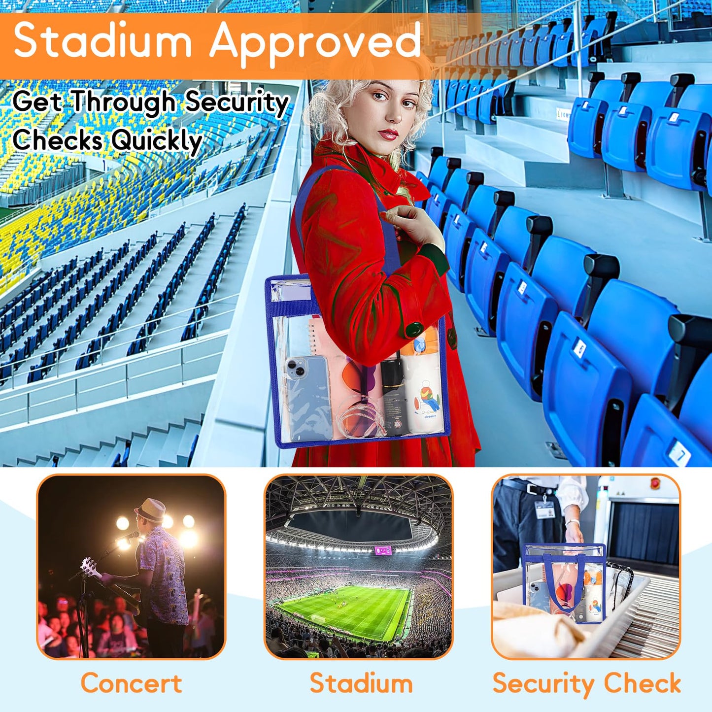 Hoiny Clear Bag for Stadium Events Approved, 12x6x12 Large Transparent Tote Bag with Zipper for Gym Concert Sports Festivals (Navy Blue)