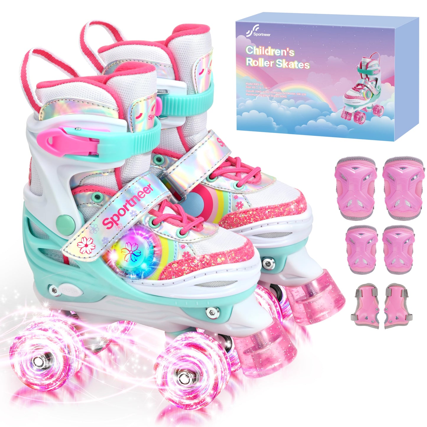 Sportneer Kids Roller Skates with Protective Gear Set, 4 Size Adjustable Girls Roller Skates with 8 Flash LED Wheels, Safe & Fun Skates for Toddlers Ages 3-12 Indoor Outdoor Use