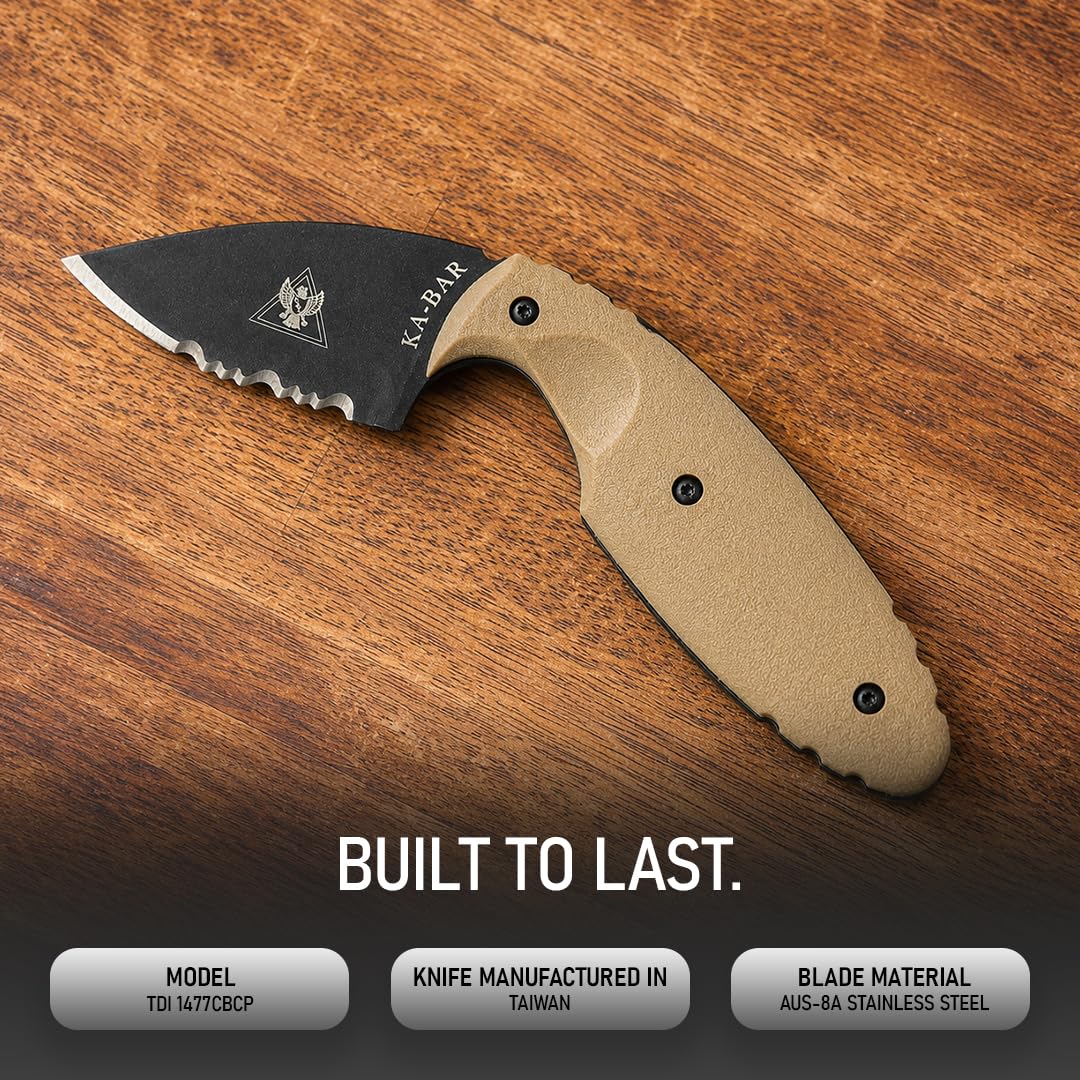 KA-BAR TDI 1477CBCP Small Fixed Blade Knife – Compact Tactical Utility Knife with Coyote Brown Handle & Durable Sheath