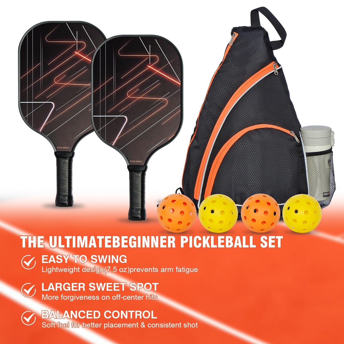 Pickleball Paddles Set of 2 with 4 Indoor/Outdoor Balls & Backpack - Lightweight Fiberglass Surface, Polypropylene Honeycomb Core for Enhanced Control and Power