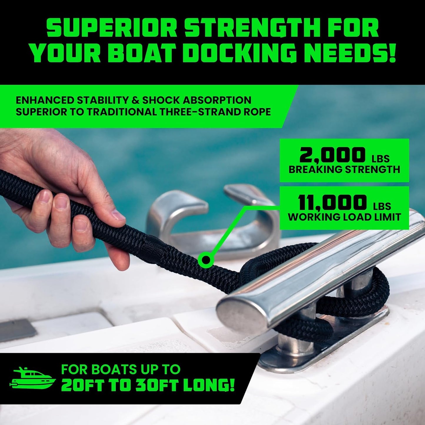 Rhino USA Dock Lines - Heavy Duty 5/8" x 16' Marine Grade Rope for Boats, Kayaks & Pontoons - Black
