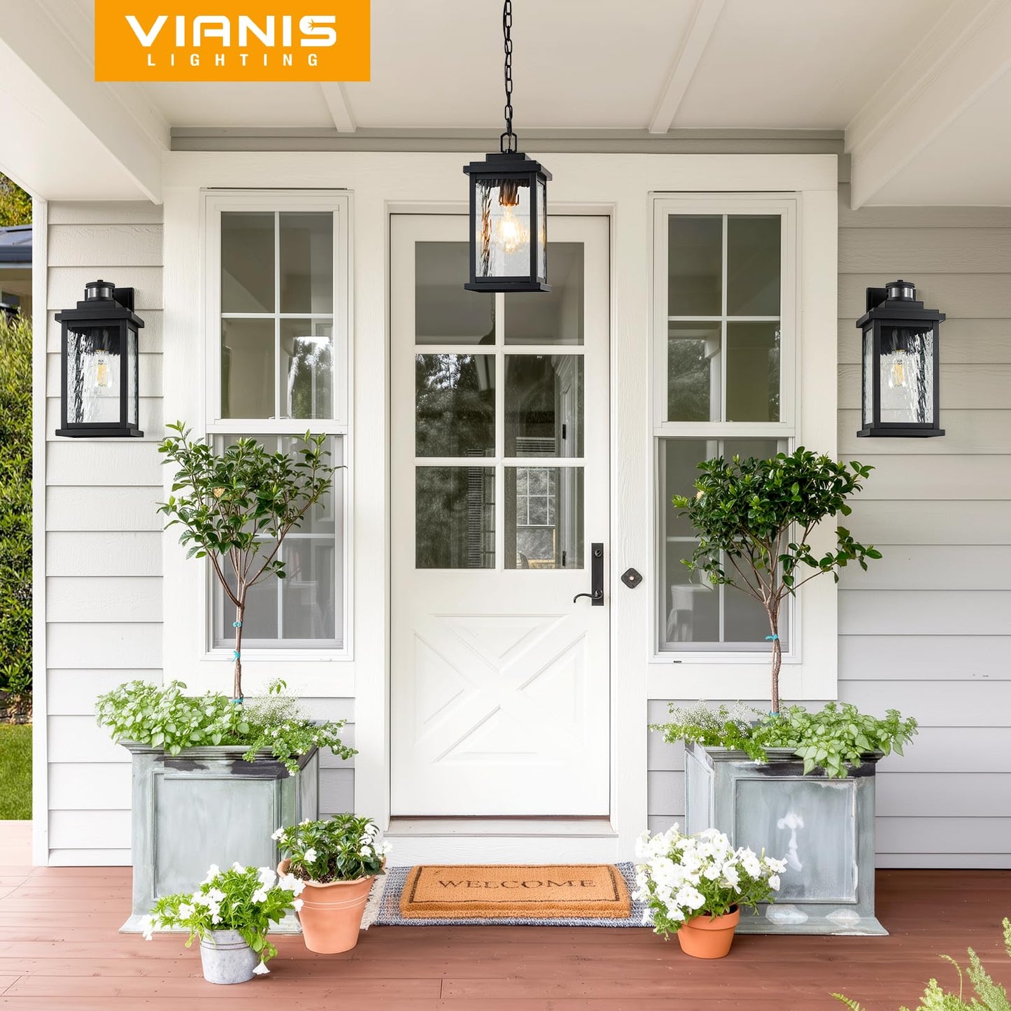 VIANIS Large Anti-Rust Outdoor Chandelier with Adjustable Wire, Black Pendant Light with Water Glass for Porch, Garden,Garage, Easy-to-Install Outdoor Hanging Lantern Suiting for Sloped Ceiling