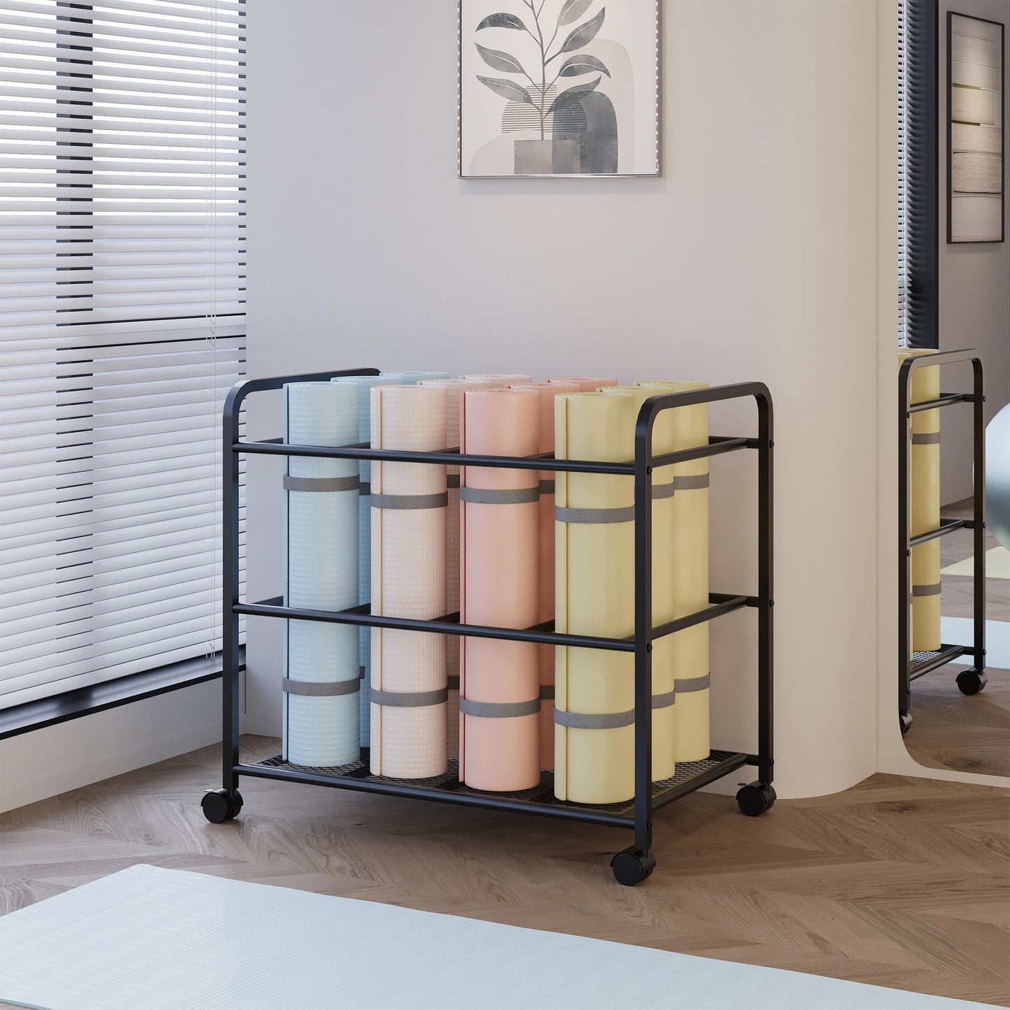 Lutown-Teen Yoga Mat Storage Rack with Wheels, Yoga Mat Rack for Fitness Class, Home, Gym, Workout Room, Home Gym Storage with Rounded Corners, Large-Capacity, Easy Assembly, Black