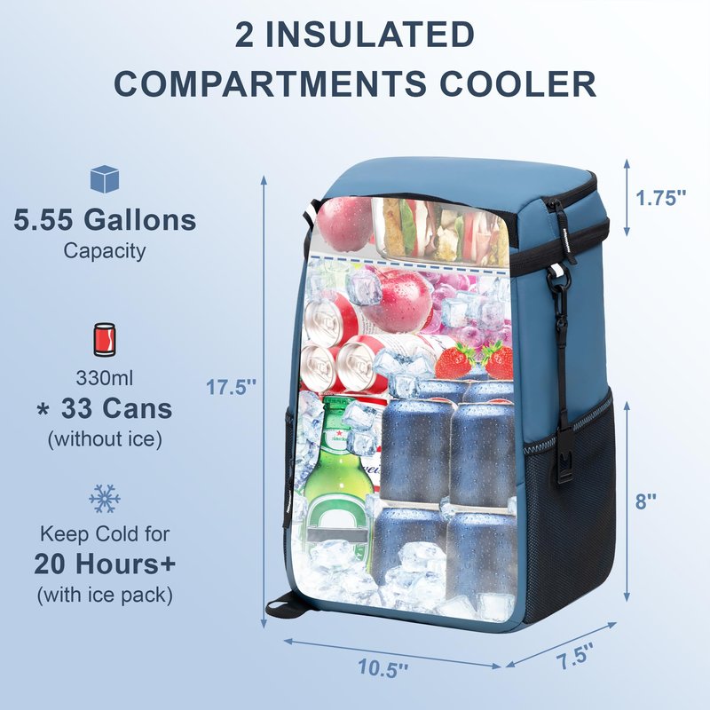 SPARTER Backpack Cooler Insulated Leak Proof 33 Cans, 2 Insulated Compartments Thermal Bag, Portable Lightweight Beach Travel Camping Lunch Backpack for Men and Women