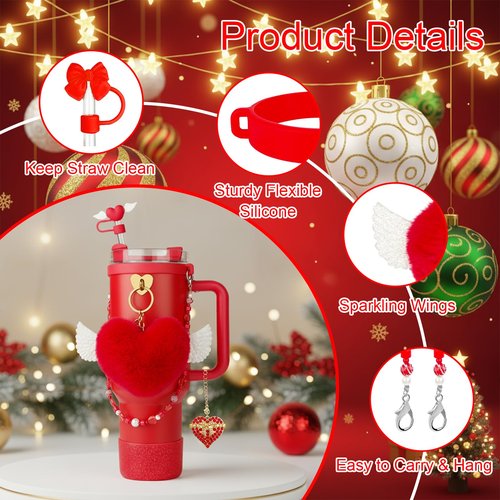 8 Pcs Red Cup Accessories Set for Stanley 30OZ & 40OZ Tumbler with Handle, Red Silicone Boot Water Bottle Handle Strap 2Pcs Straw Covers Heart Charm&Pom-Pom Charm for Stanley Cup