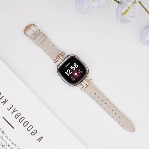 Leather Band Compatible with Fitbit Versa 4/Sense 2 Bands for Women, Dressy Slim Leather Strap Wristband Compatible with Fitbit Sense/Versa 3 luxurious Metal Buckle (Beige/Rose Gold)