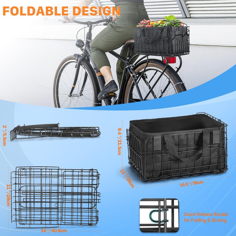 ONZILLO Bike Basket Rear, Bicycle Basket Foldable with Rainproof Cover and Removable Liner Bag, Metal Electric Basket for Adult Women Men Carrying Small Dogs Cats Pets, Grocery, 14.9"×10.7"×8.4"