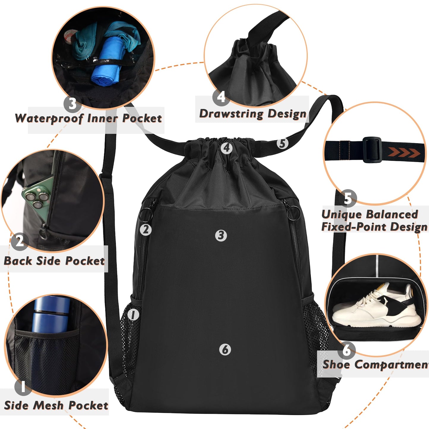 GiMiUiTo Large Waterproof Drawstring Backpack Bag with Separate Shoe Compartment,Sports Backpack for Gym, Sports,Travel,Black