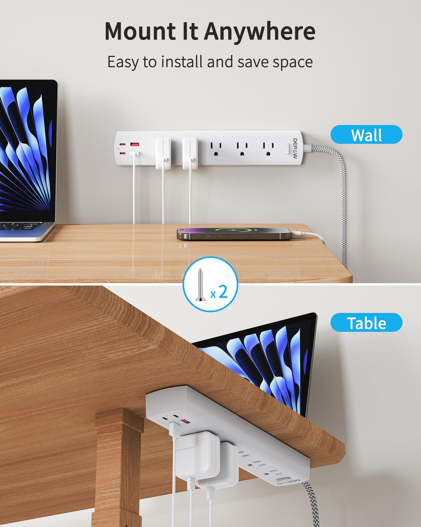 DEPOW 2 Prong Power Strip, 2 to 3 Prong Outlet Adapter with 5 AC & 4 USB Ports (2 USB C), 5FT Braided Cord, 1700J Two Prong Surge Protector, Wall Mountable, Ideal for Old House Non-Grounded Outlets