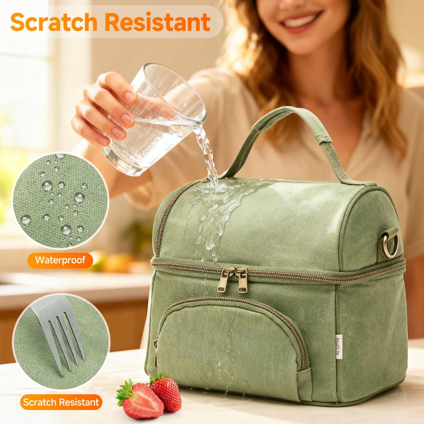 neatlife Men's London Green Lunch Box for Work with 2 XL Ice Packs, Sturdy Waxed Canvas Insulated Adult Lunch Bag, 2 Compartment 10.5L Soft Cooler Bag For Work, Picnic, Travel, Outdoors