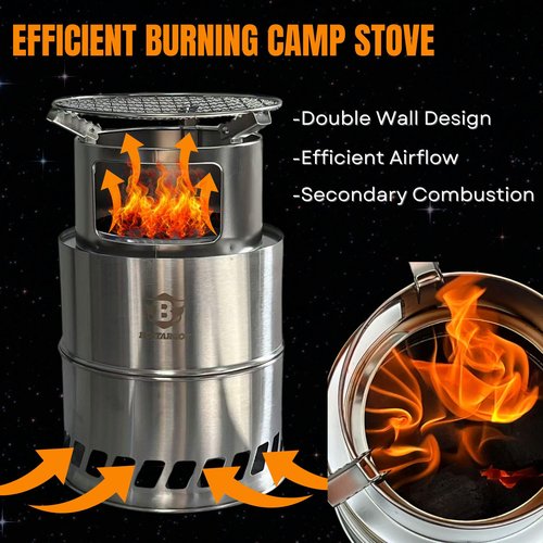 Bestargot Camping Wood Stove, Extra Large Size 8 x 12 inches, Portable Smokeless Fire Pit, Stainless Steel, Windproof & Stackable Gas Burner for Camping, Hiking, Fishing, Hunting, Survival Stove