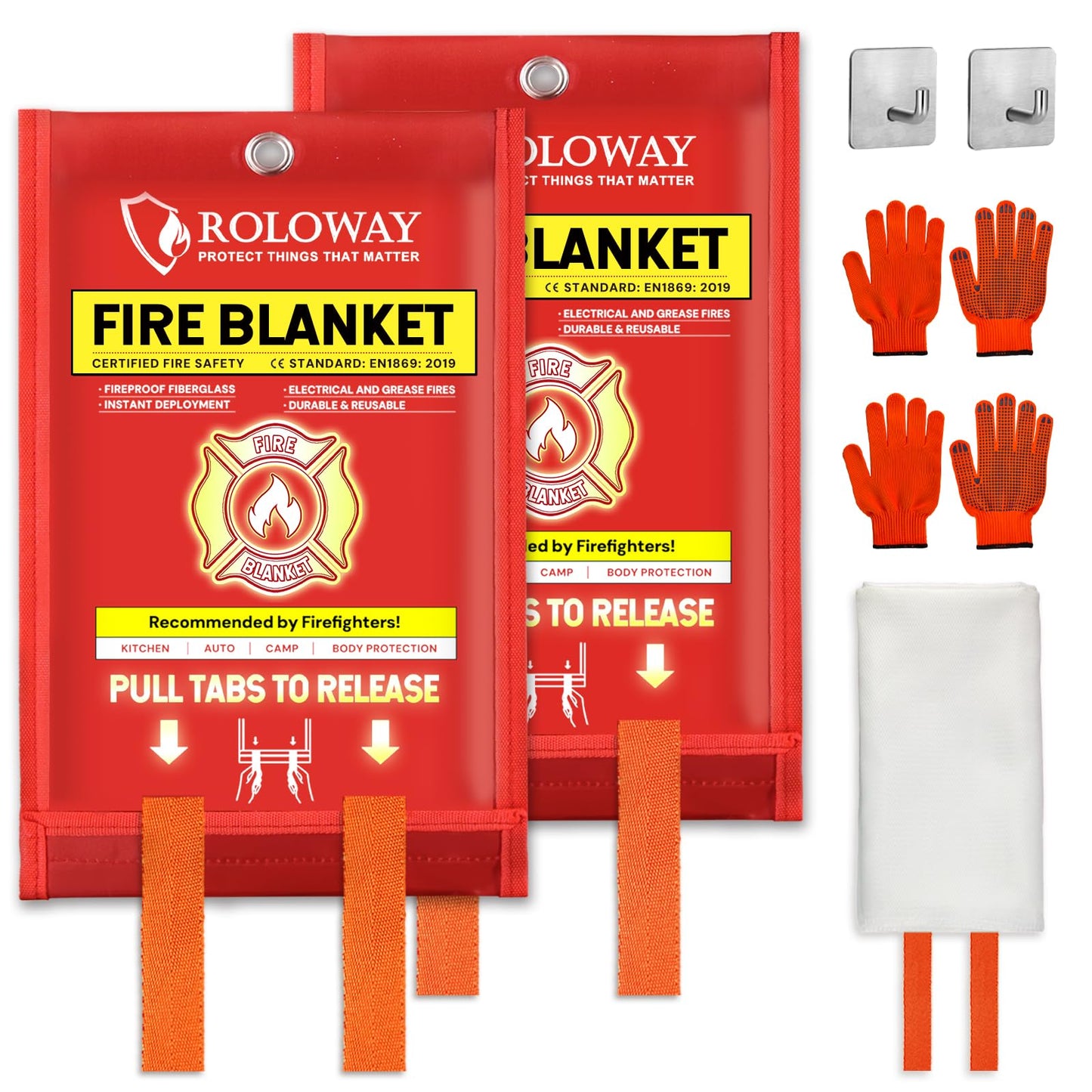 ROLOWAY Emergency Fire Blanket for Home and Kitchen, Fire Blankets Emergency for Home Safety (40 x 40 Inch) with Hooks, Gloves, Fire Suppression Blanket with Emergency Whistle for Fire Safety (2 Pack)