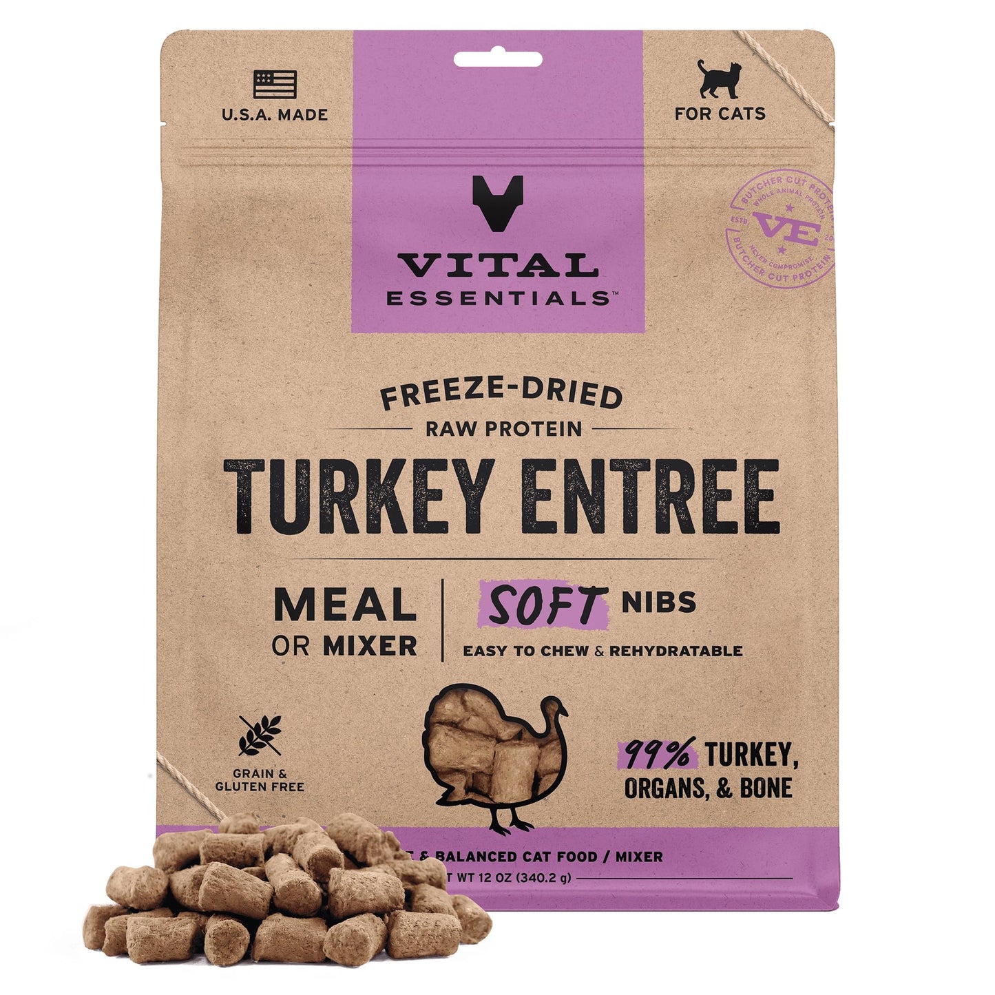 Vital Essentials Freeze Dried Cat Food, Raw Turkey Soft Nibs | Complete Meal or Topper | 99% Turkey, Organs & Bone | Limited Ingredient, High Protein, Grain Free Dry Cat Food | 12 oz Bag