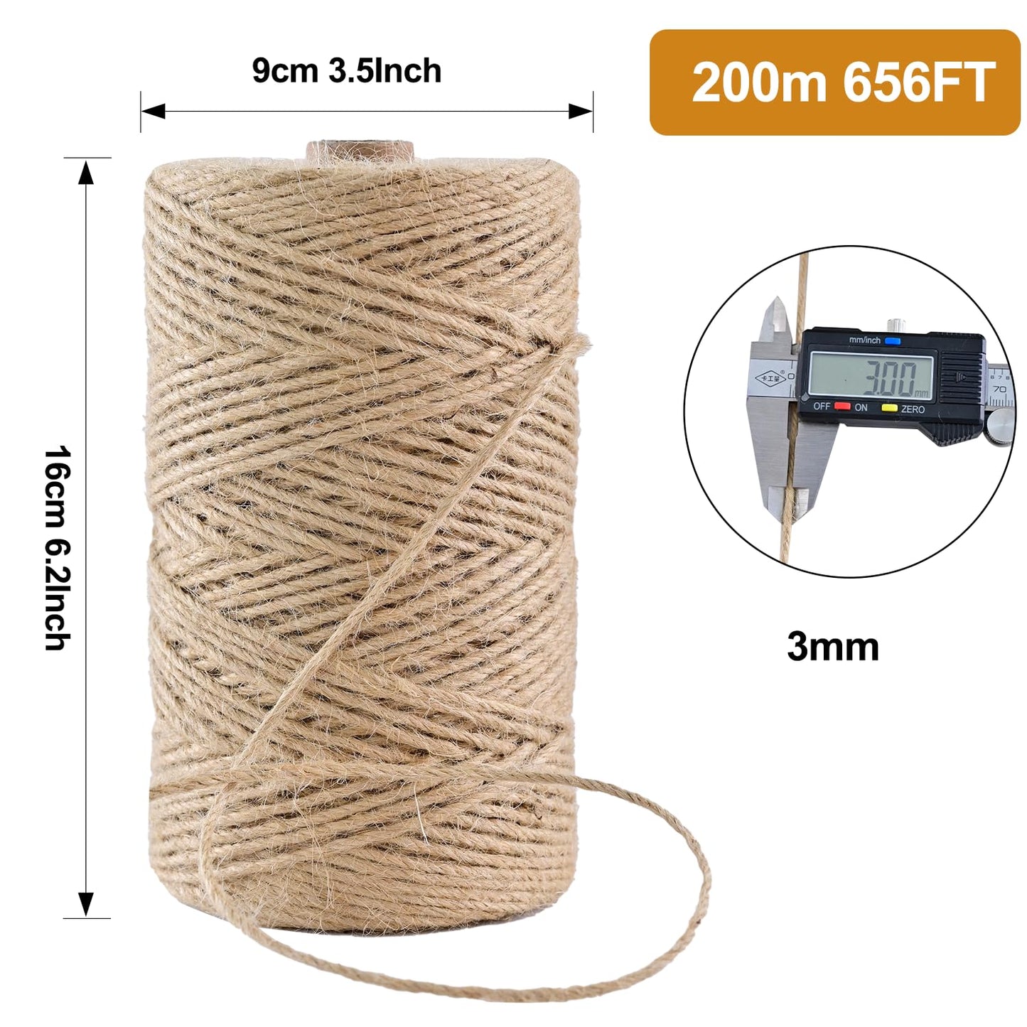 Natural Jute Twine 656 Feet Long String for Crafts Gift Wrapping Christmas Handmade Arts Decoration Packing String Home Decor （3mm * 656feet）