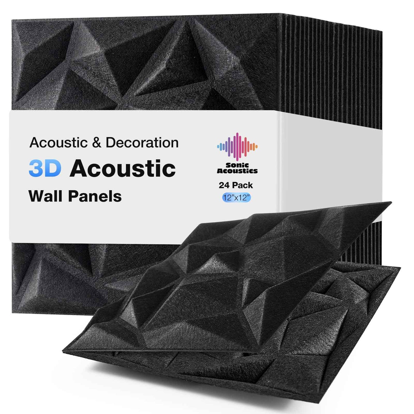Acoustic 3D Wall Panels,24 Pack Sound Proof Felt Panels for Interior Wall Décor, Hollow Sound Absorbing Panel for Studio, Living Room, Home, Hotel, 12''x12'' Cover 24 sq ft (Black, 24 Pack)