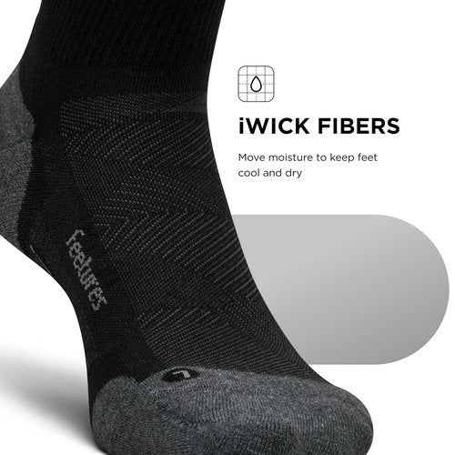 Feetures Elite Max Cushion Quarter Sock- Athletic Running Socks for Men & Women, Targeted Compression, Moisture Wicking - Black, Large (1 Pair)