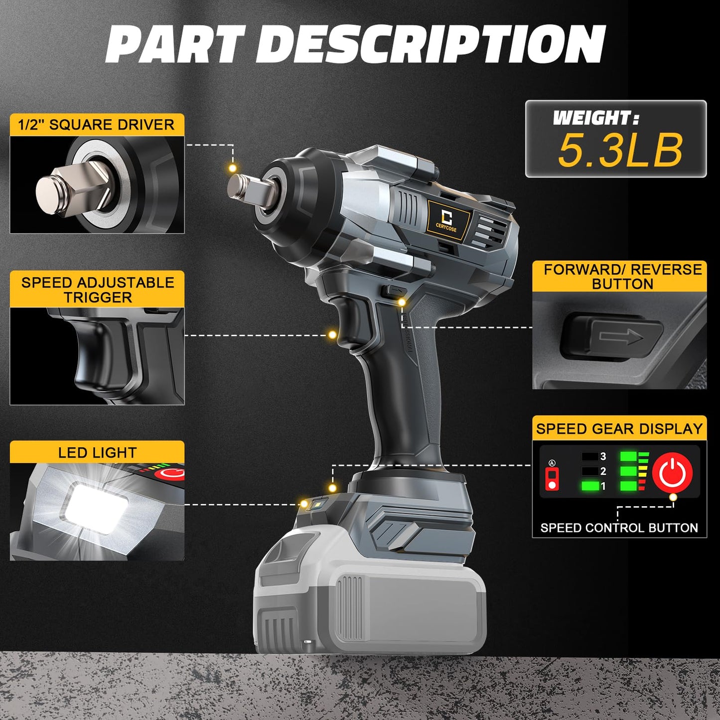 Cerycose Cordless Impact Wrench 1000FT-LBS for Dewalt Battery, 1/2 inch Brushless Electric 1360N.m Impact Gun Includes LED Work Light, High Torque Impact Driver, Bare Tool Only