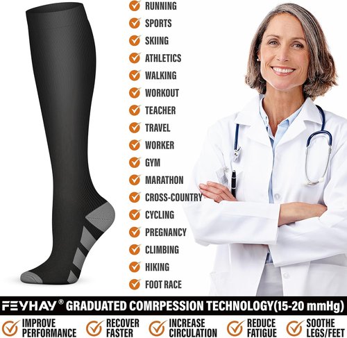 FEYHAY Copper Compression Socks - 15-20 mmHg for Enhanced Circulation | 5 Pairs for Men & Women, Ideal for Running & Climbing
