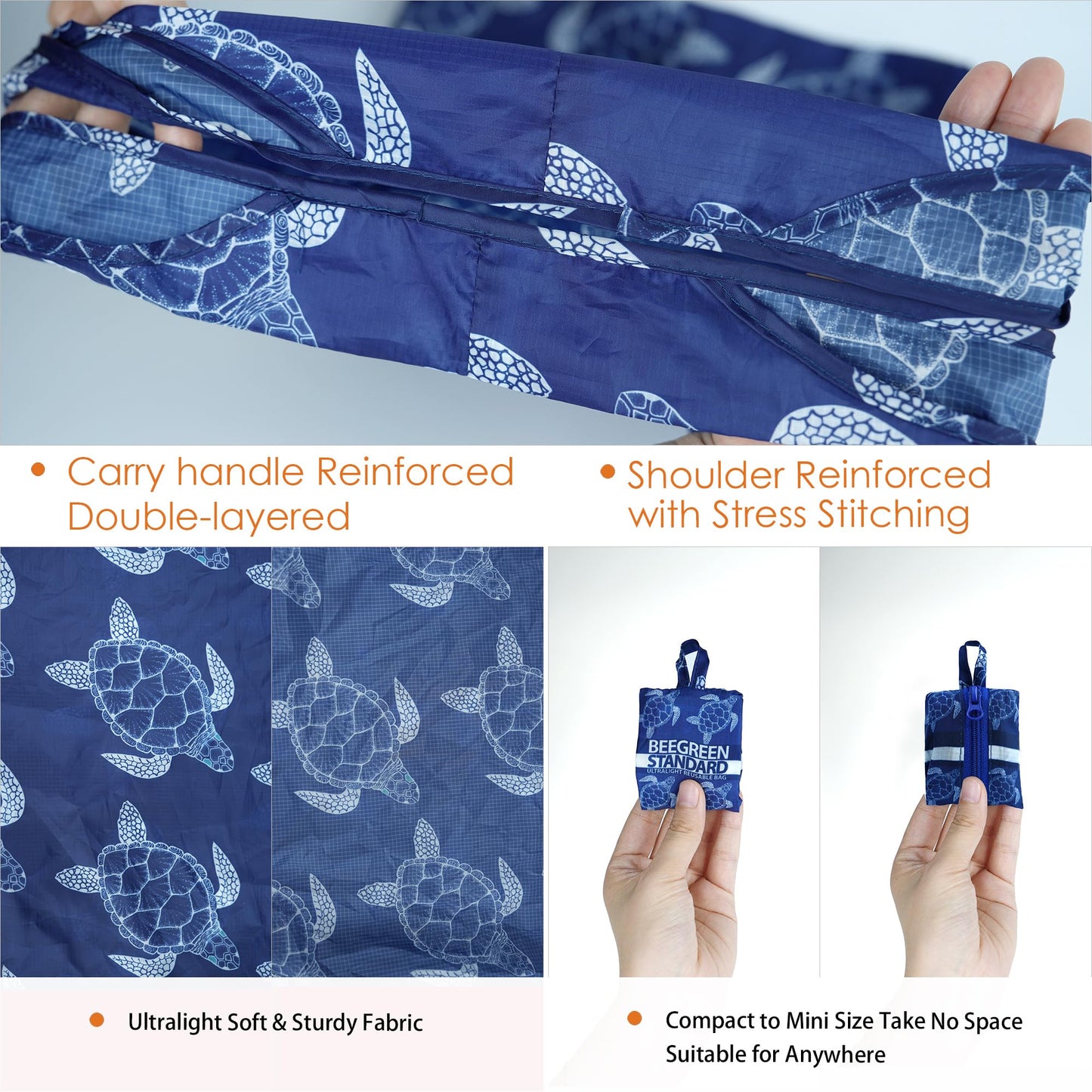 BeeGreen Mushrooms Ultimate Travel Tote Bag - Reusable Grocery Shopping Bag - Foldable Compact Lightweight Duffle Bags