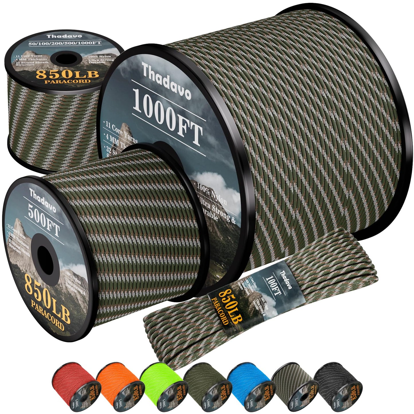 Thadavo 850Ib Reflective ParachuteRope, 50/100/200/500/1000ft 4MM 11 Strand Cords, Survival Paracord Rope Tie Down for Crafting, Tent, Camping, Clotheline, Hiking, Fishing, Camo Green 200FT