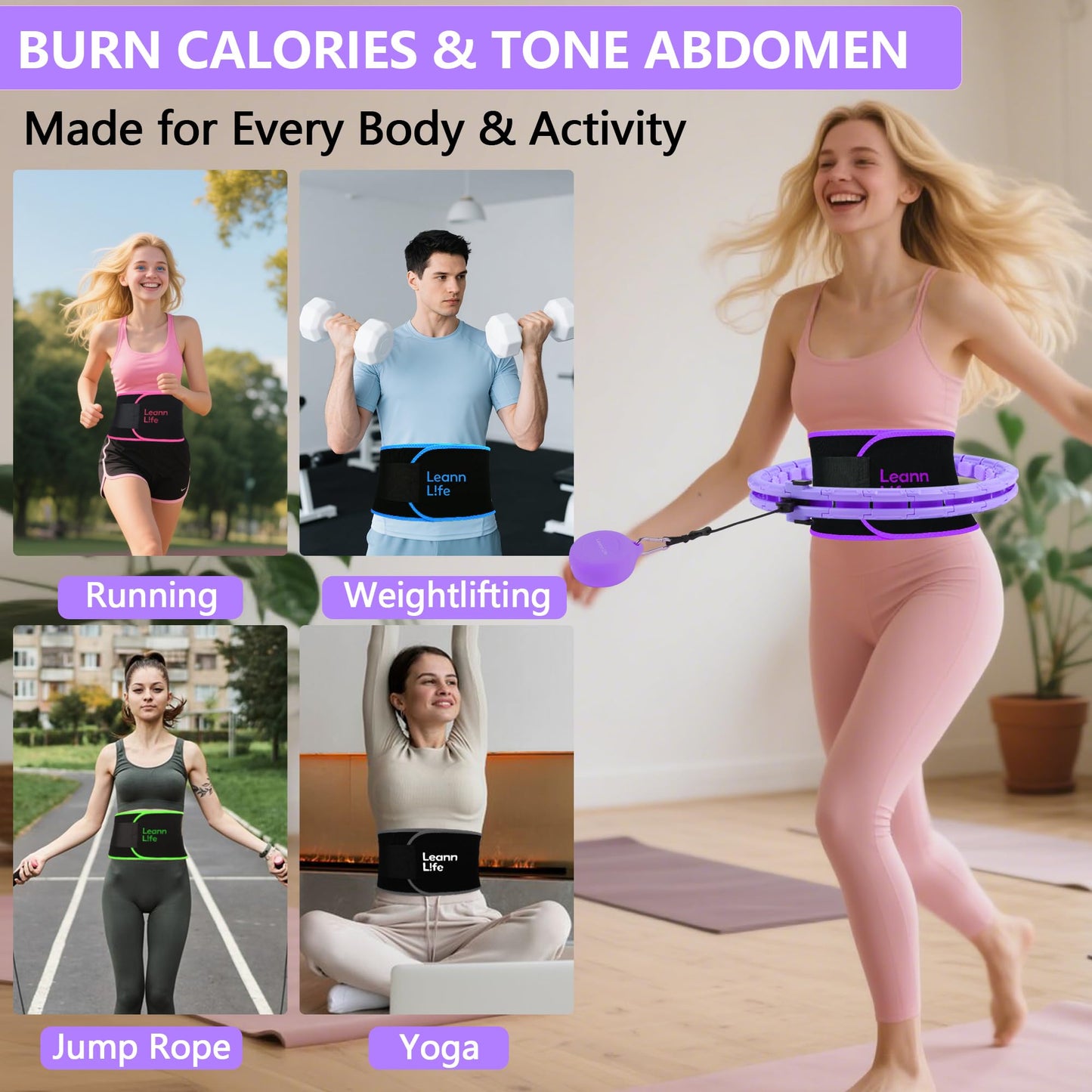 Leann L!fe 52” Waist Trimmer for Slim Belly, Premium Sweat Band Enhancing Fitness Belt for Weighted Hula Hoop Weight Loss, Waist Trainer Women and Men, Stomach Sweat Wrap, Black/Purple
