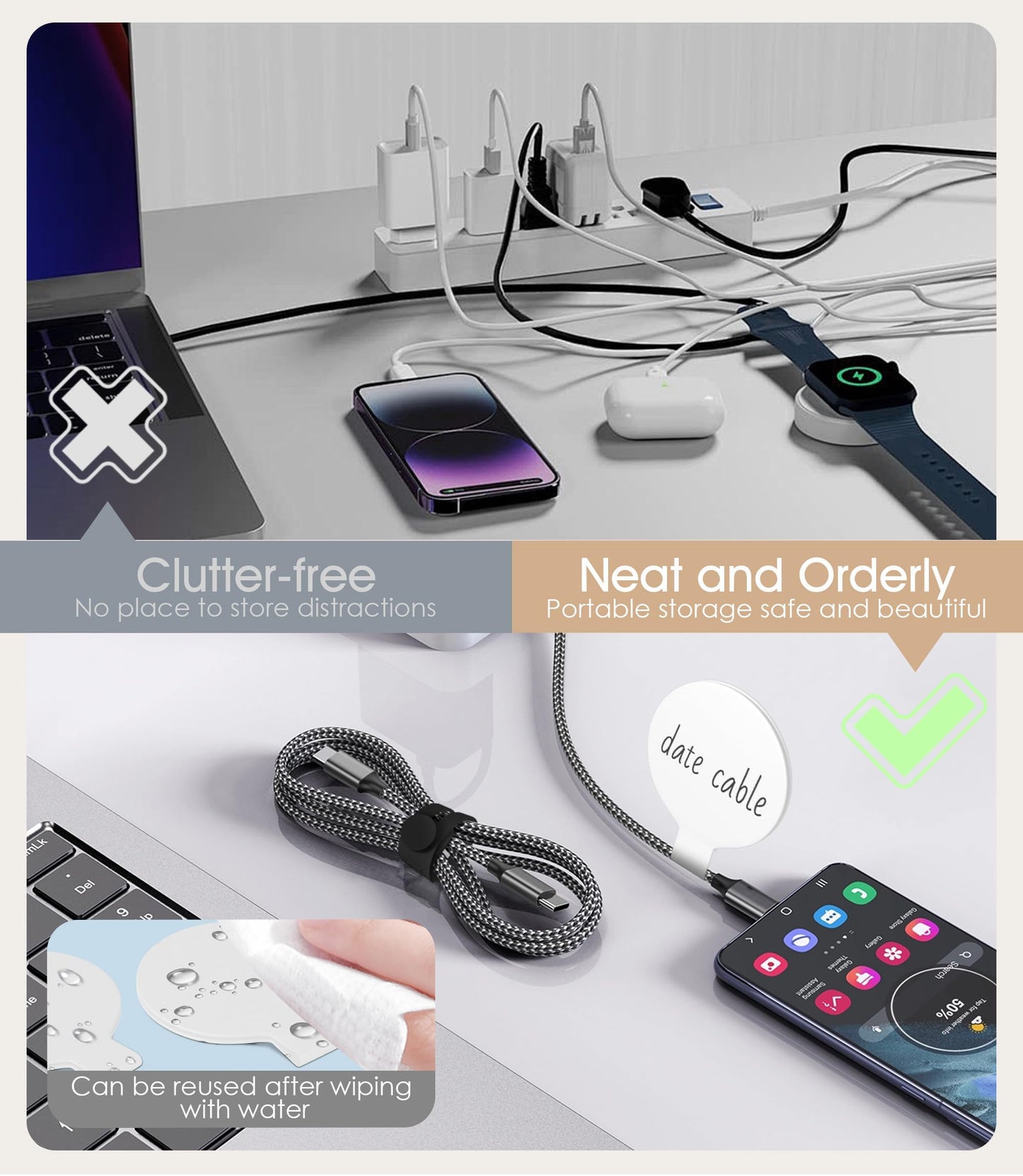 32Pcs Nearockle Cable Labels and Silicone Cable Ties Value Cable Management Set, 20 Cable Ties+12 Cord Labels for Electronics, Travel Home Office Desk Wire Organization(Black&White)