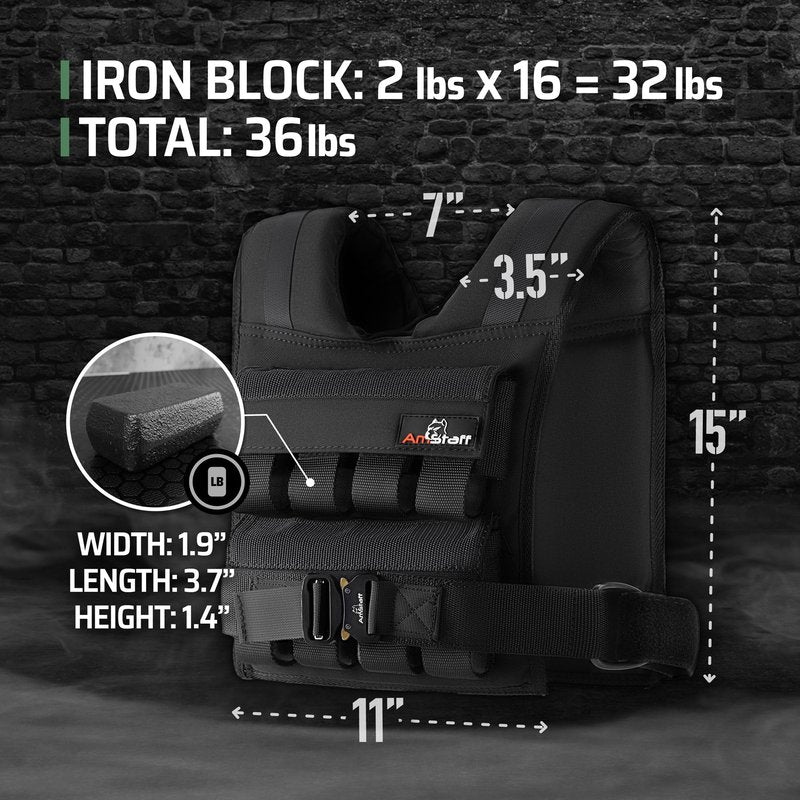 Amstaff Adjustable Weighted Vest with Iron Blocks - Weight Vests for Men & Women - Versatile Wearable Weighted Vest for Fitness Workouts, Strength and Endurance Training, Running, Crossfit (36 lbs)