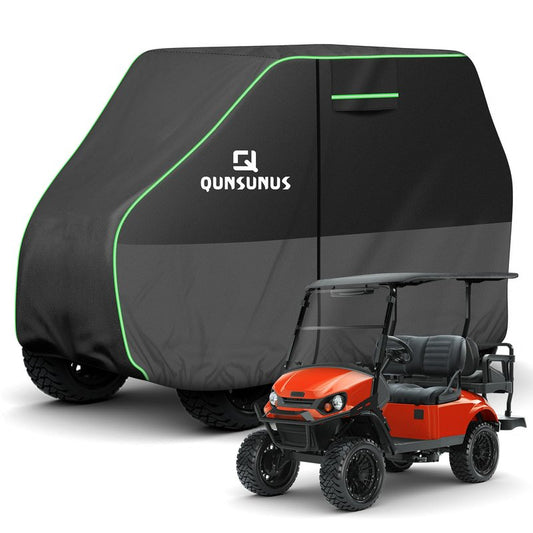 QUNSUNUS Waterproof Golf Cart Cover 2/4/4+2 Passenger, Universal Fit for Yamaha, Honda, Club Car, EZGO and Most Brands, Heavy Duty 6 Seater Golf Cart Cover with Zipper and Straps