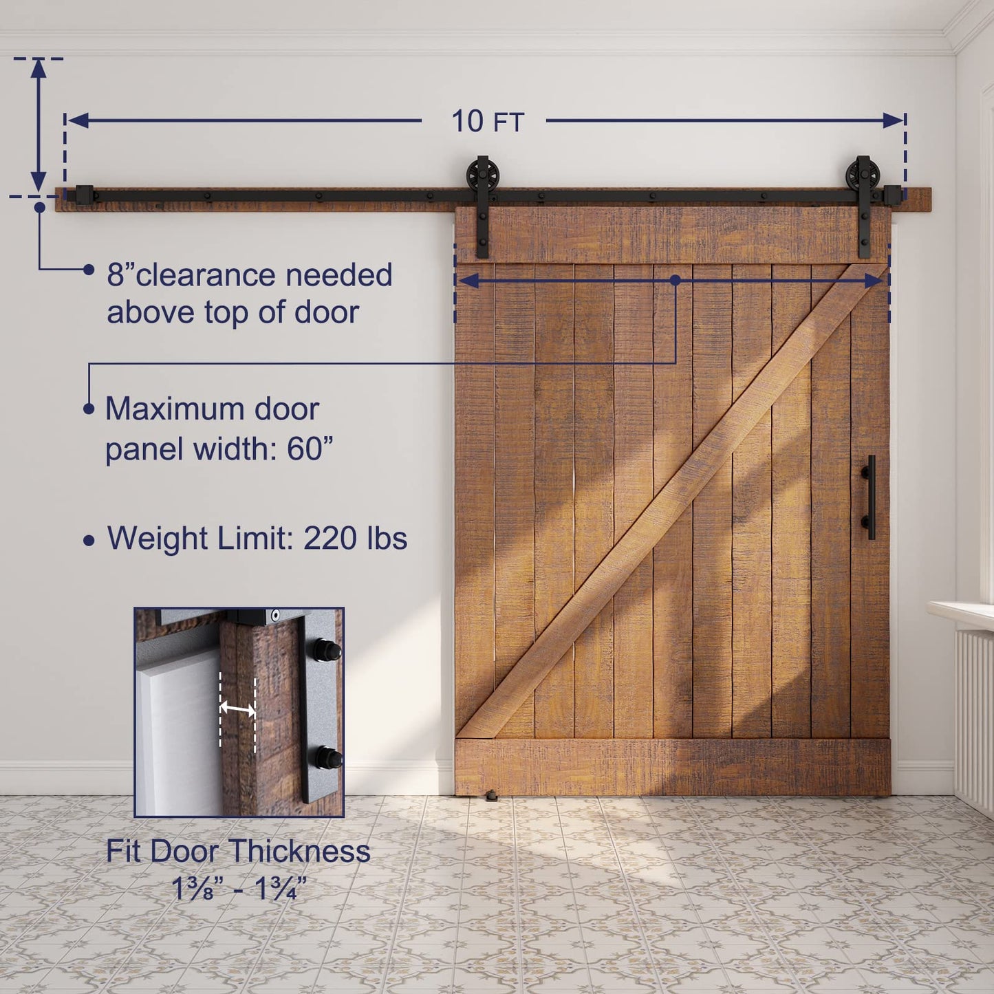 SMARTSTANDARD 10ft Heavy Duty Sliding Barn Door Hardware Kit, Black, (Whole Set Includes 1x Pull Handle Set & 1x Floor Guide) Fit 60" Wide Door Panel (Big Industrial Wheel Hangers)