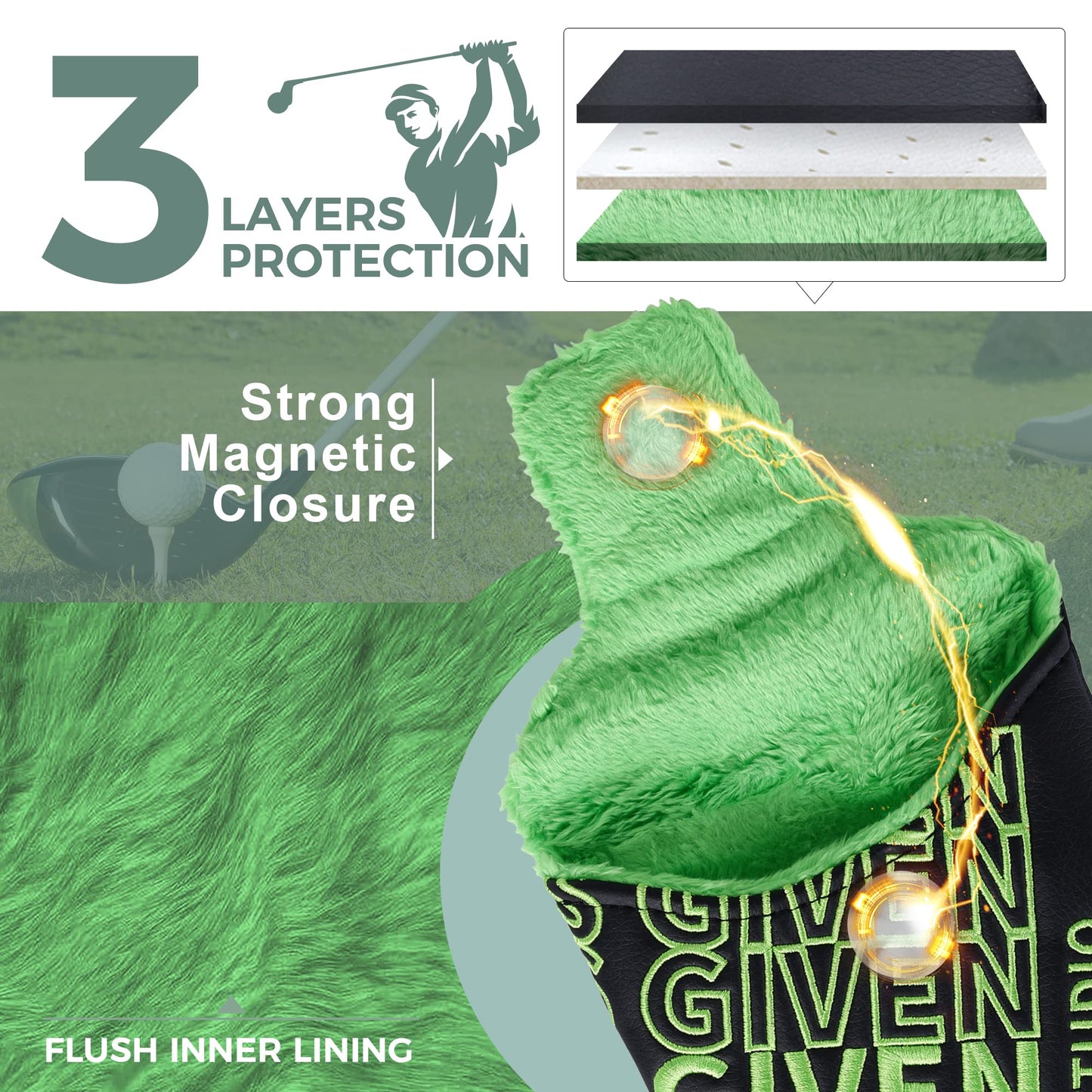 Studio Crafted 0 Putts Given Golf Putter Cover Square Mallet Magnetic (Black)