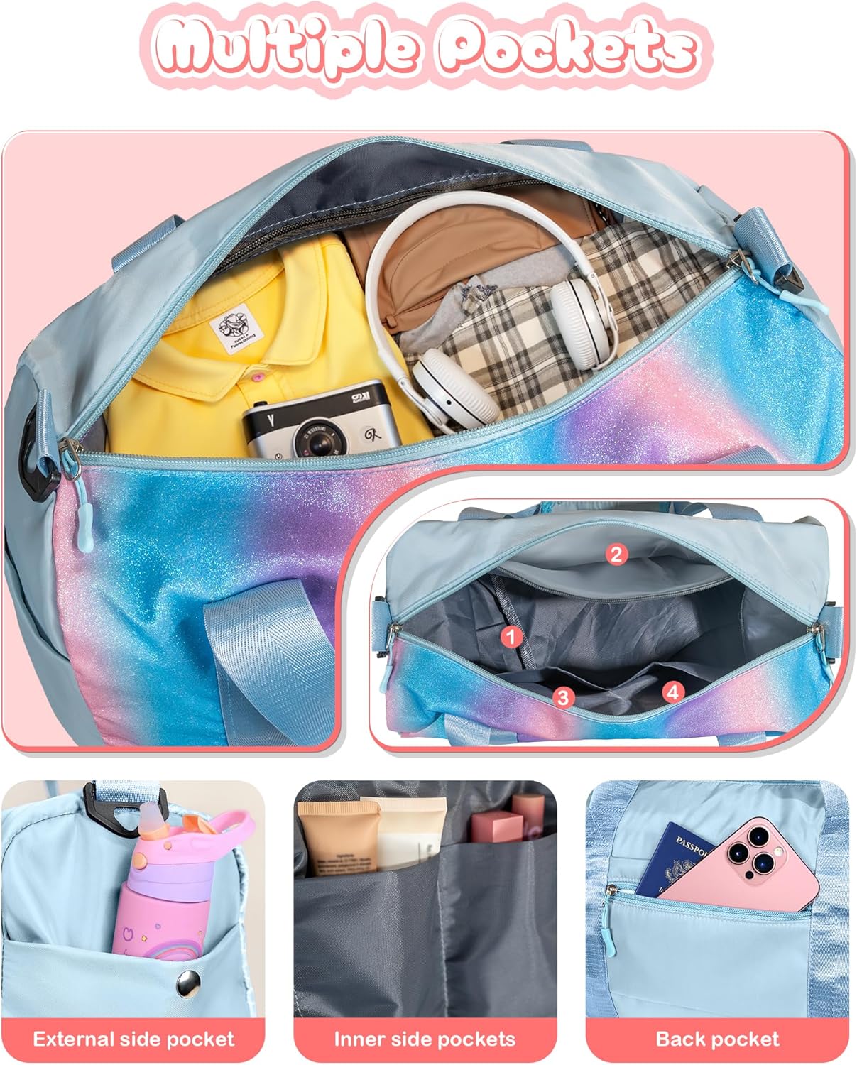 Skiennix Girls Gym Bag - Personalized Weekender Tote with Shoe Compartment & Makeup Pouch | Ideal Graduation Gift for Kids (Letter K)